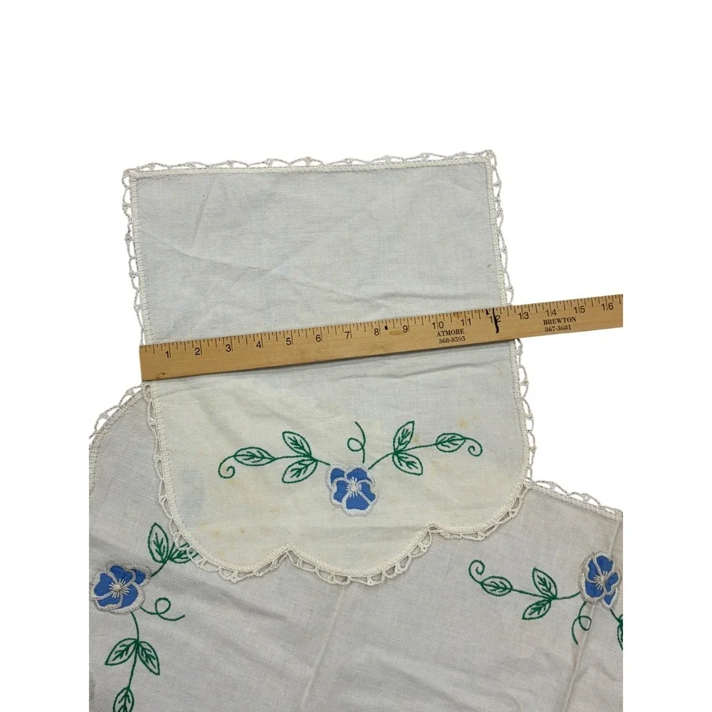 Vintage Hand Embroidered Linen Dresser Scarf Doily Set Blue Pansy Floral 8pc